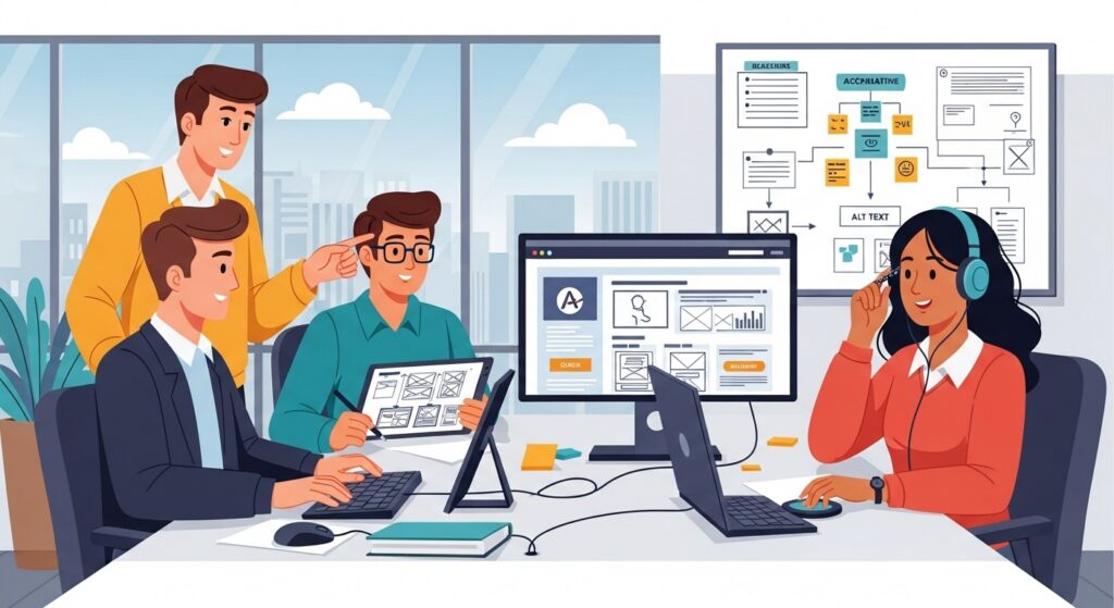 Équipe professionnelle travaillant sur la conception d'un site accessible.