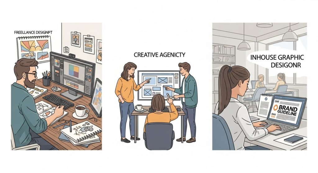 Illustration comparée freelance, agence et designer interne pour les besoins graphiques.