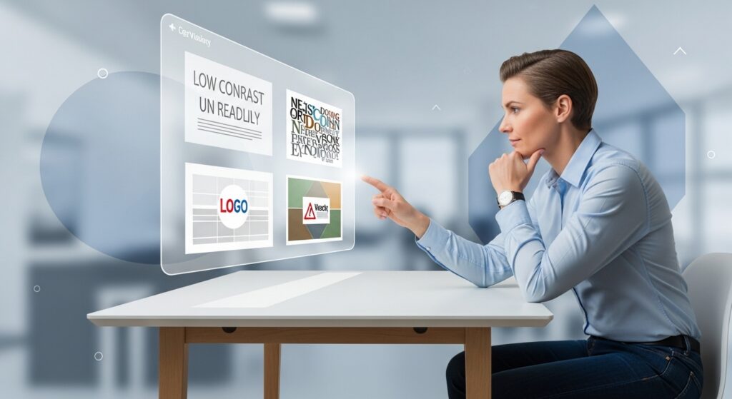 Illustration d'un entrepreneur analysant des erreurs courantes en design graphique