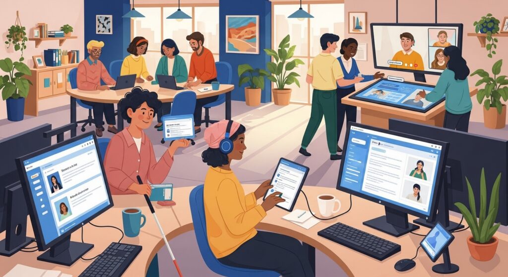 Illustration d'un espace numérique inclusif avec utilisateurs, dont une personne malvoyante.