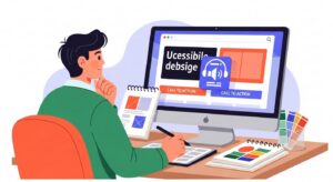 Illustration d'un designer travaillant sur un site web accessible